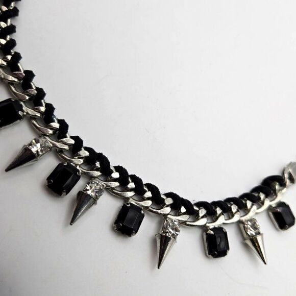 Silvertone Chain with Spikes Clear and Black Rhinestones Leather Accent Necklace - Picture 5 of 6